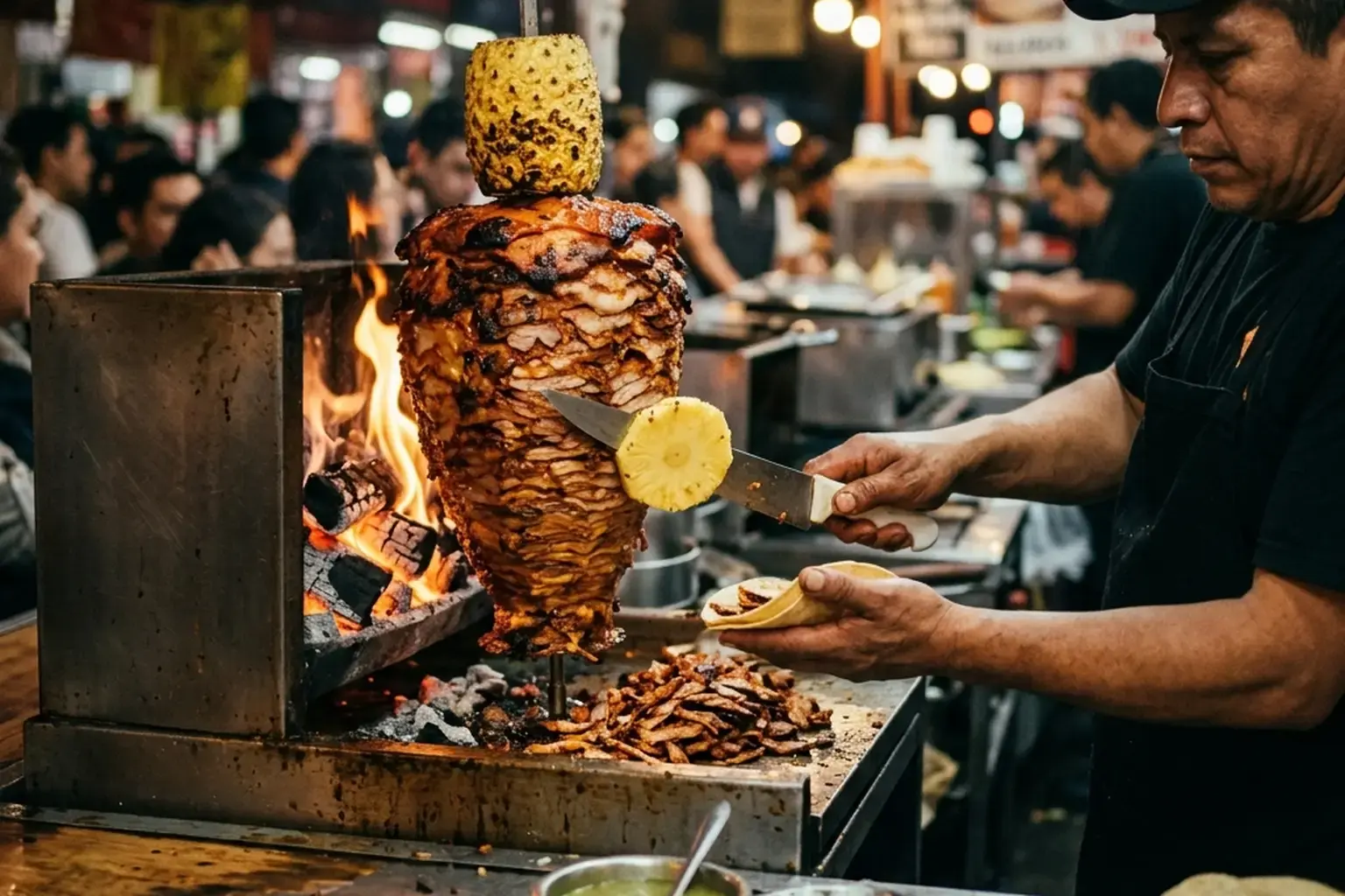 Trompo de pastor en taquería mexicana